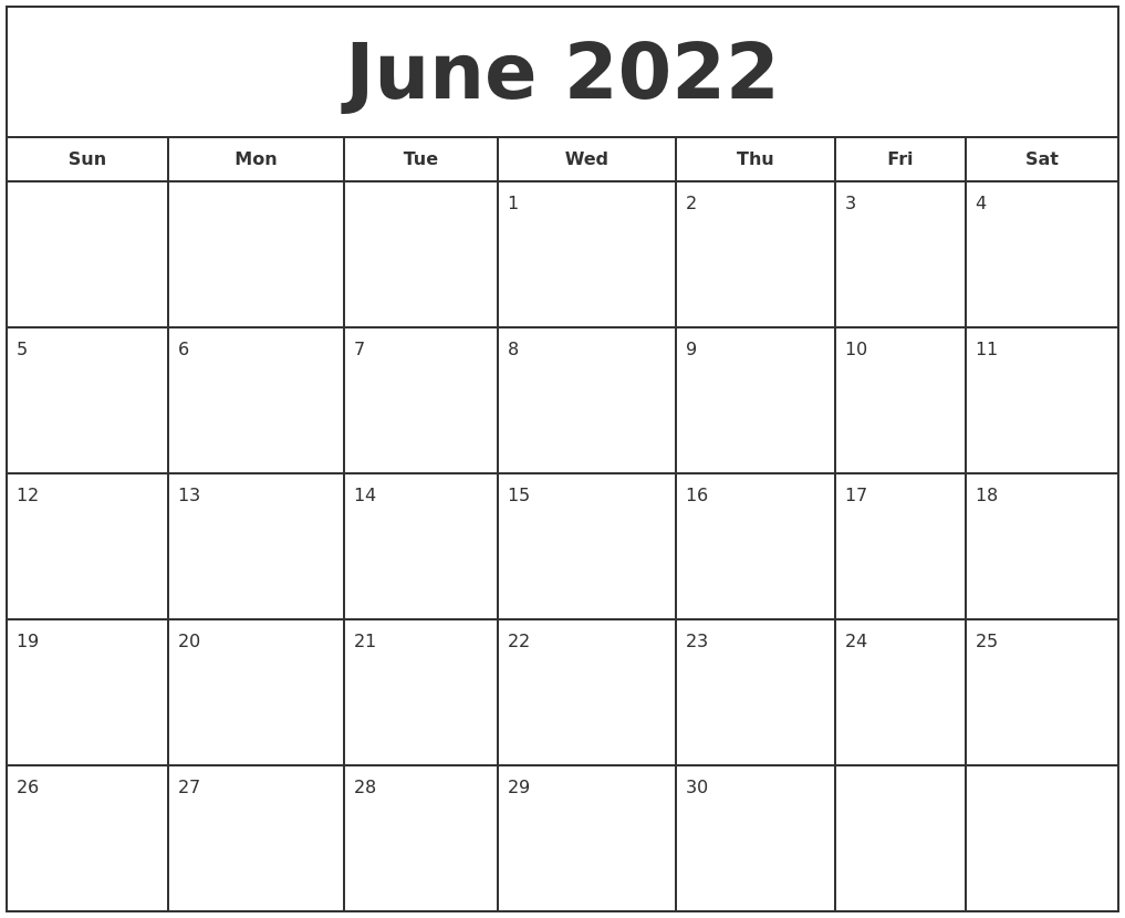 June 2022 Print Free Calendar  June Free Printable Calendar 2022