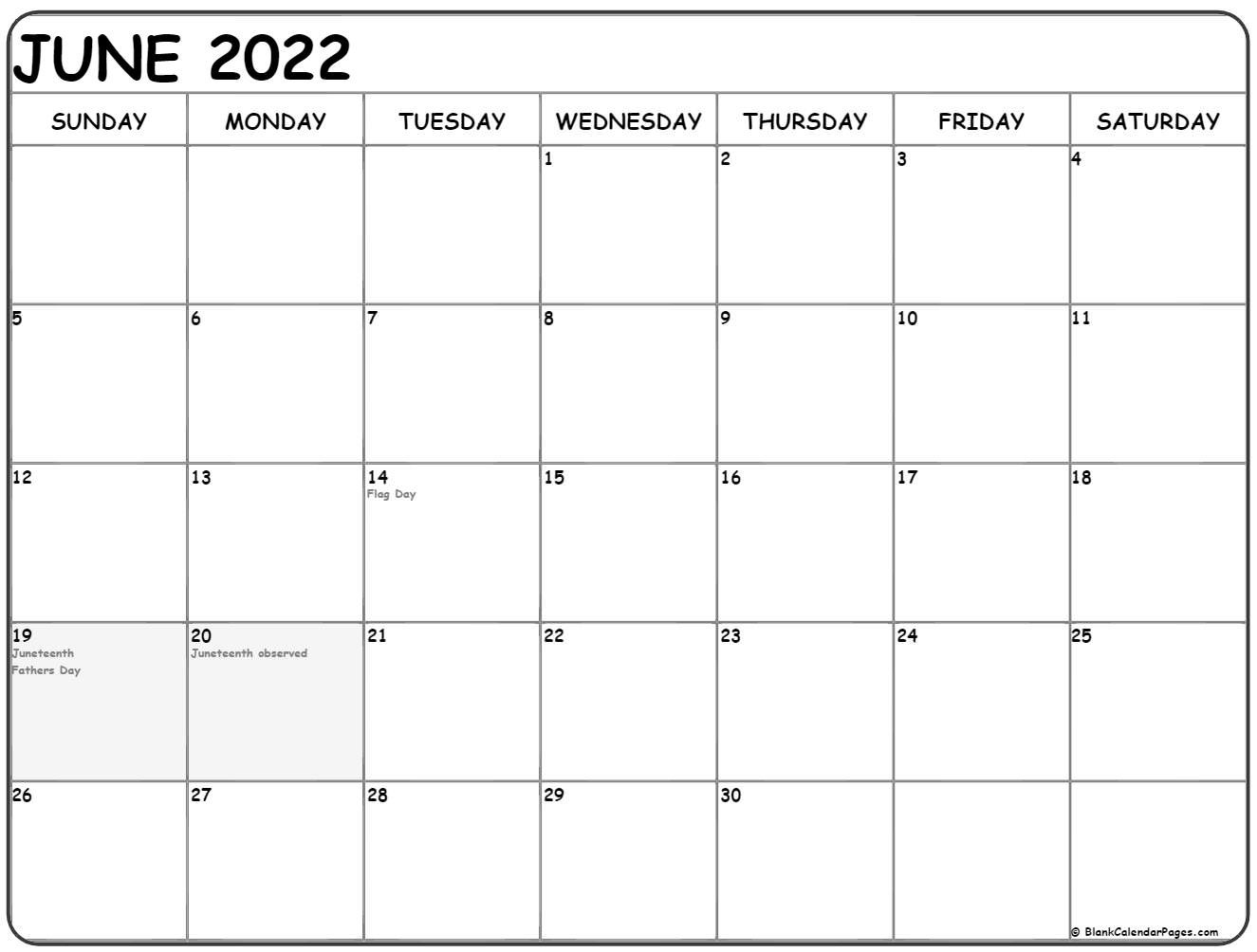 June 2022 With Holidays Calendar  Free Calendar Template June 2022