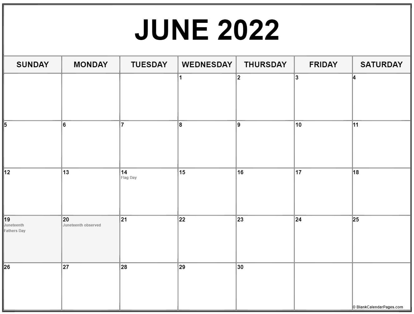 June 2022 With Holidays Calendar  July 2022 To June 2022 Calendar Printable