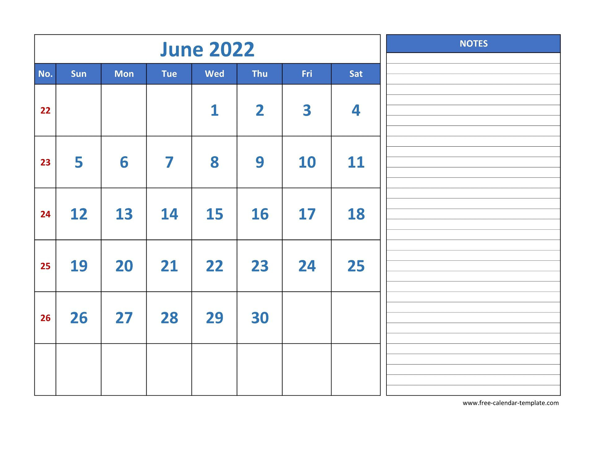 June Calendar 2022 Grid Lines For Holidays And Notes  Free Printable Calendar 2022 June