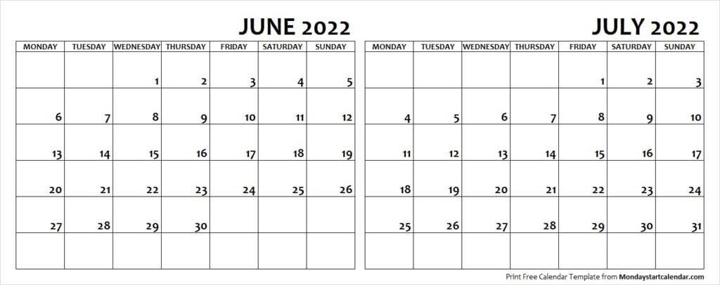 June July 2022 Calendar Monday Start | Editable Two Months  Leave Calendar For 2022