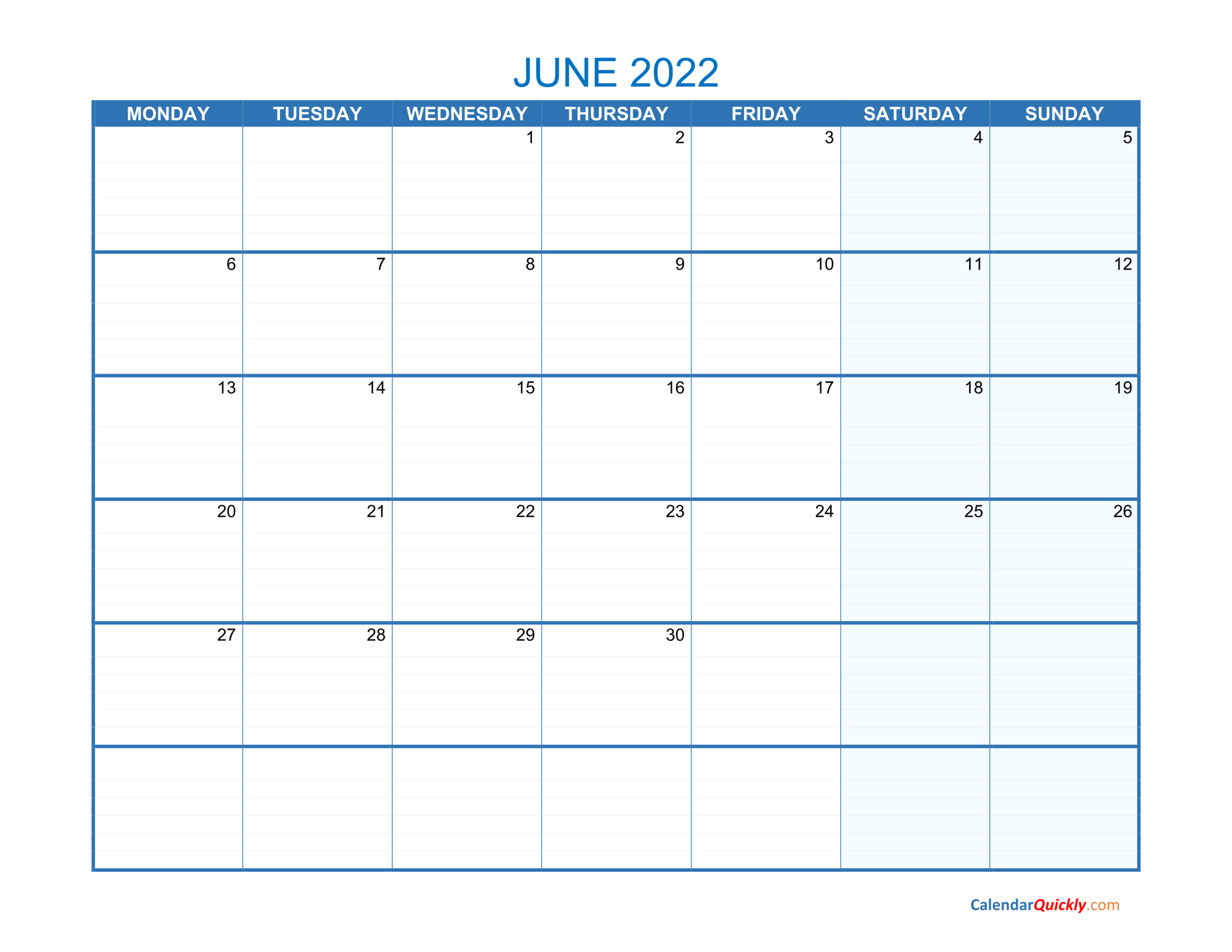 June Monday 2022 Blank Calendar | Calendar Quickly  Free Printable Calendar July 2022 To June 2022