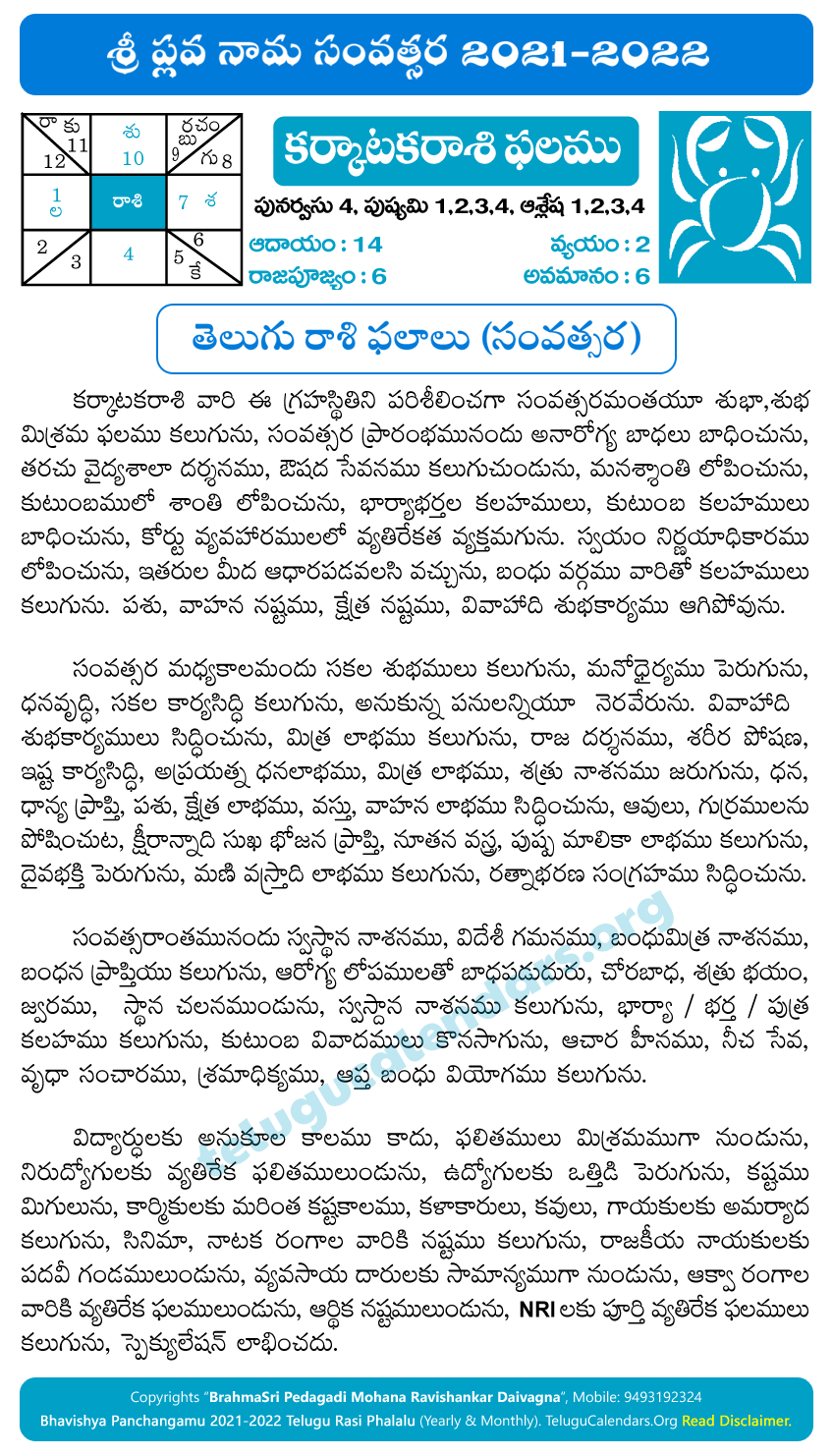 Karkataka Rasi Phalalu 2021-2022 Yearly Predictions  2022 Telugu Calendar Rasi Phalalu