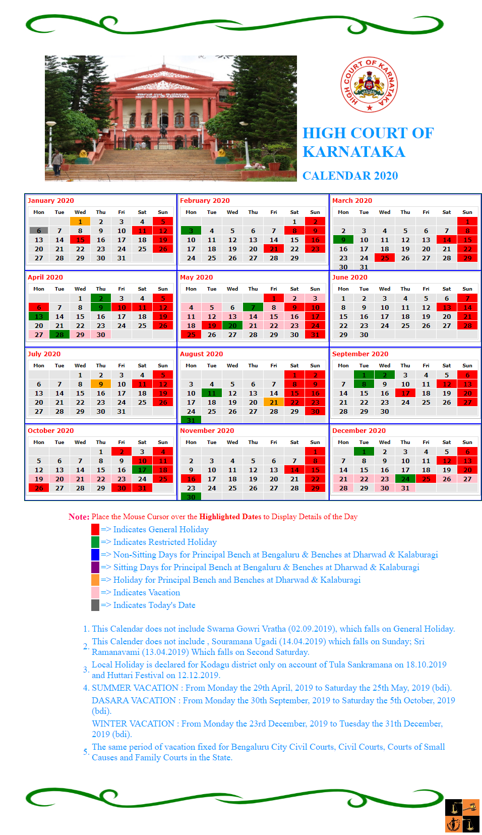 Karnataka High Court Calendar 2020  Delhi High Court Calendar For 2022