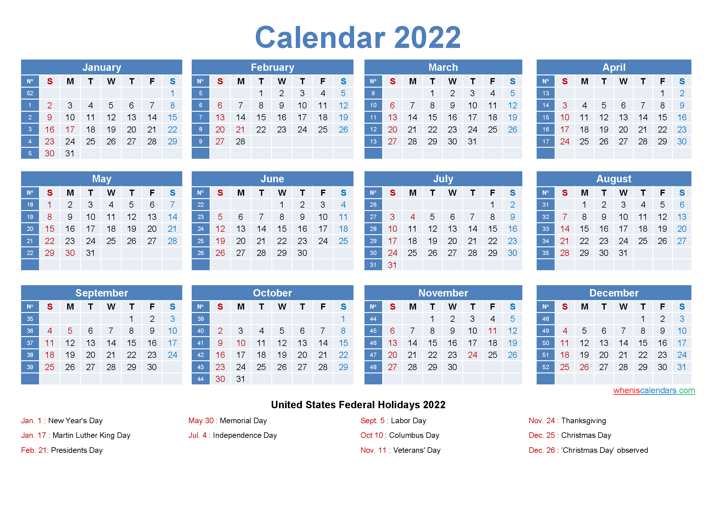 Large Desk Calendar 2022 With Holidays  Printable Calendar 2022 Large