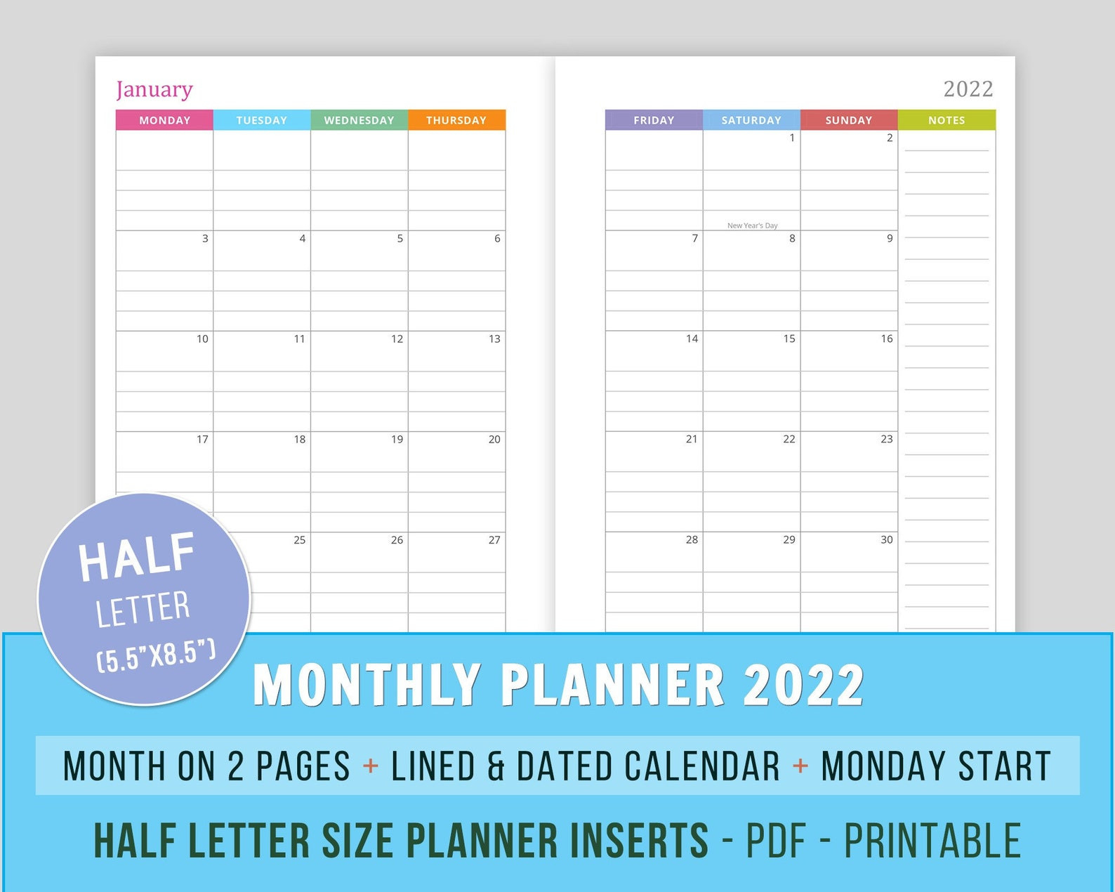 Lined And Dated Monthly Calendar 2022 Mo2P Inserts Planner  Printable Calendar 2022 Half Page