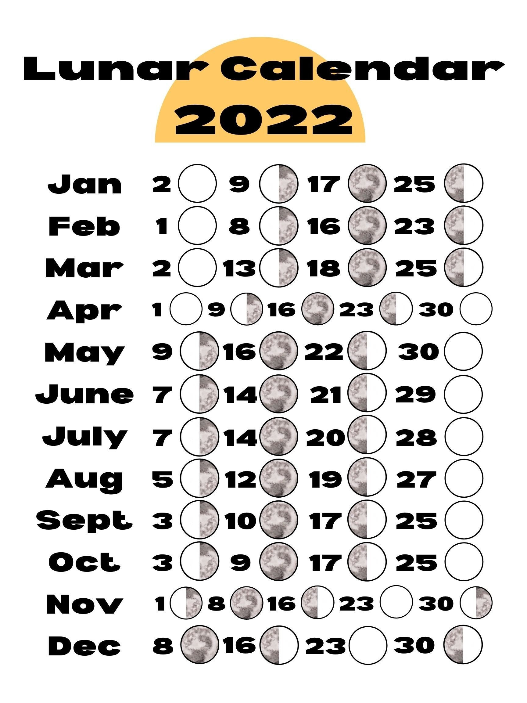 Lunar Calendar 2022 Instant Download | Etsy  Full Moon Calendar 2022 California