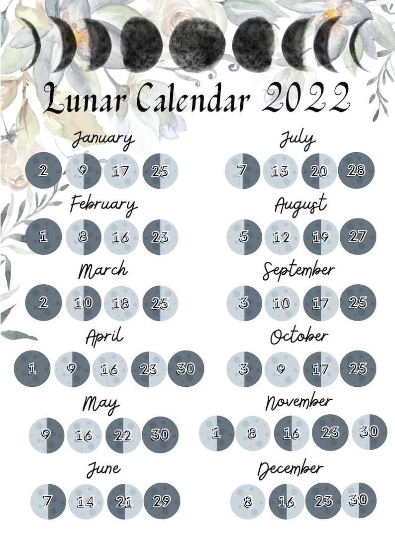 Lunar Calendar 2022 Printable 2022 Lunar Calendar Pdf Moon  Printable Full Moon Calendar 2022