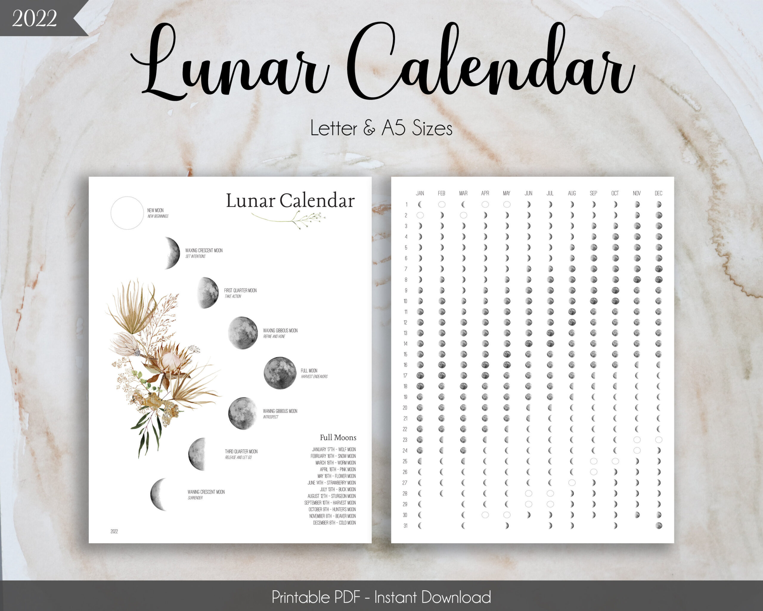 Lunar Calendar For 2022 Life Planner Pdf Boho | Etsy  Full Moon Calendar 2022 Moongiant