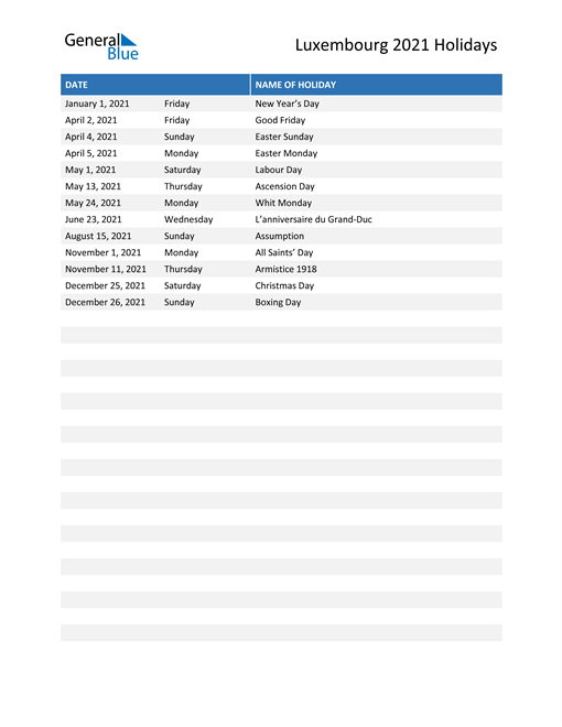 Luxembourg Holidays 2021 In Pdf, Word And Excel  Calendar 2022 Luxembourg