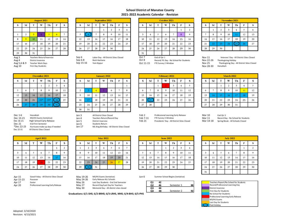 Manatee County Schools Calendar 2021-2022 &amp; Holidays  Cps Calendar 2022 Florida