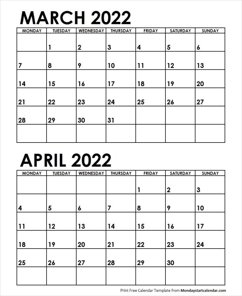 Mar Apr 2022 Calendar Monday Start | Editable Two Months  2022 Calendar Printable Start Monday