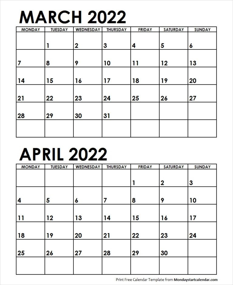 Mar Apr 2022 Calendar Monday Start | Editable Two Months  March April 2022 Calendar Printable