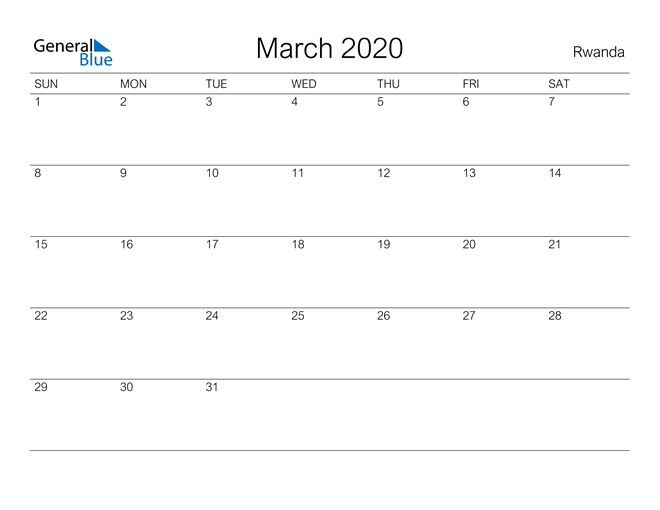 March 2020 Calendar - Rwanda  Calendar 2022 Rwanda