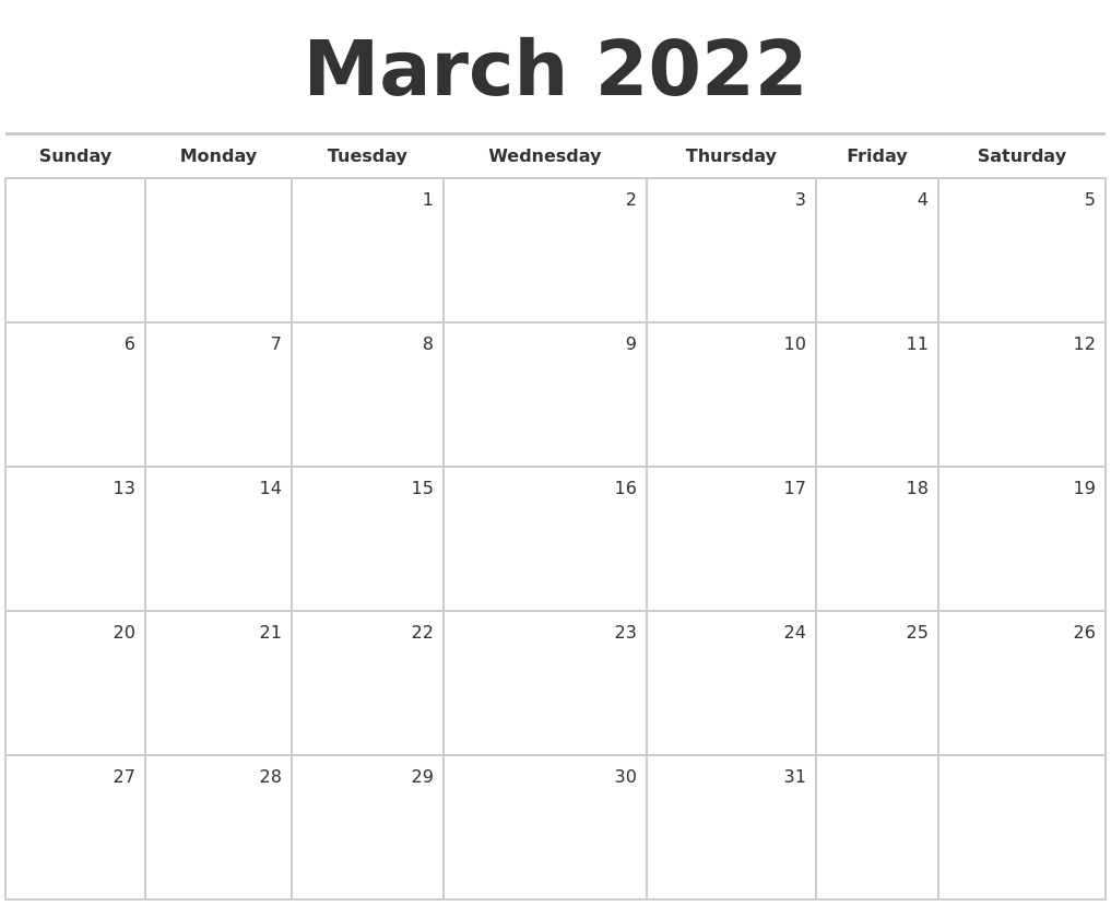 March 2022 Blank Monthly Calendar  Blank Calendar April 2022 To March 2022