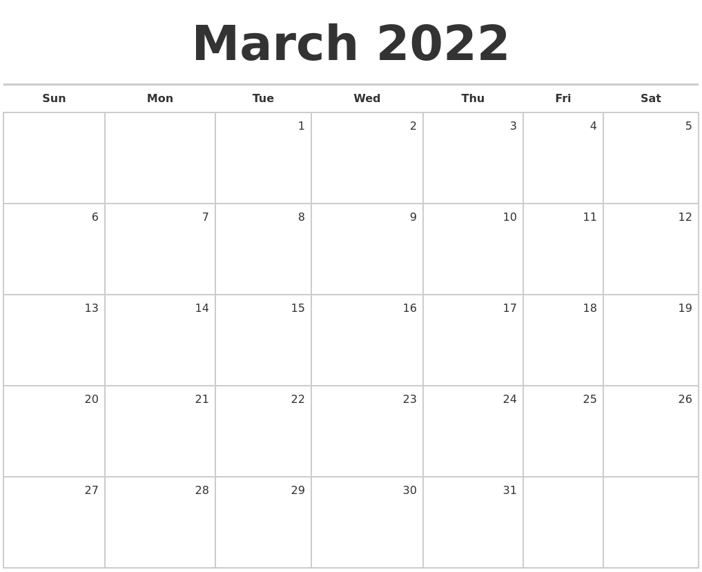 March 2022 Blank Monthly Calendar  Jan Feb Mar April 2022 Calendar
