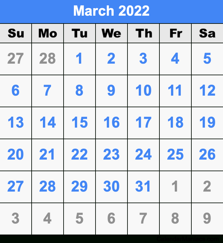 March 2022 Calendar  January Feb March April 2022 Calendar