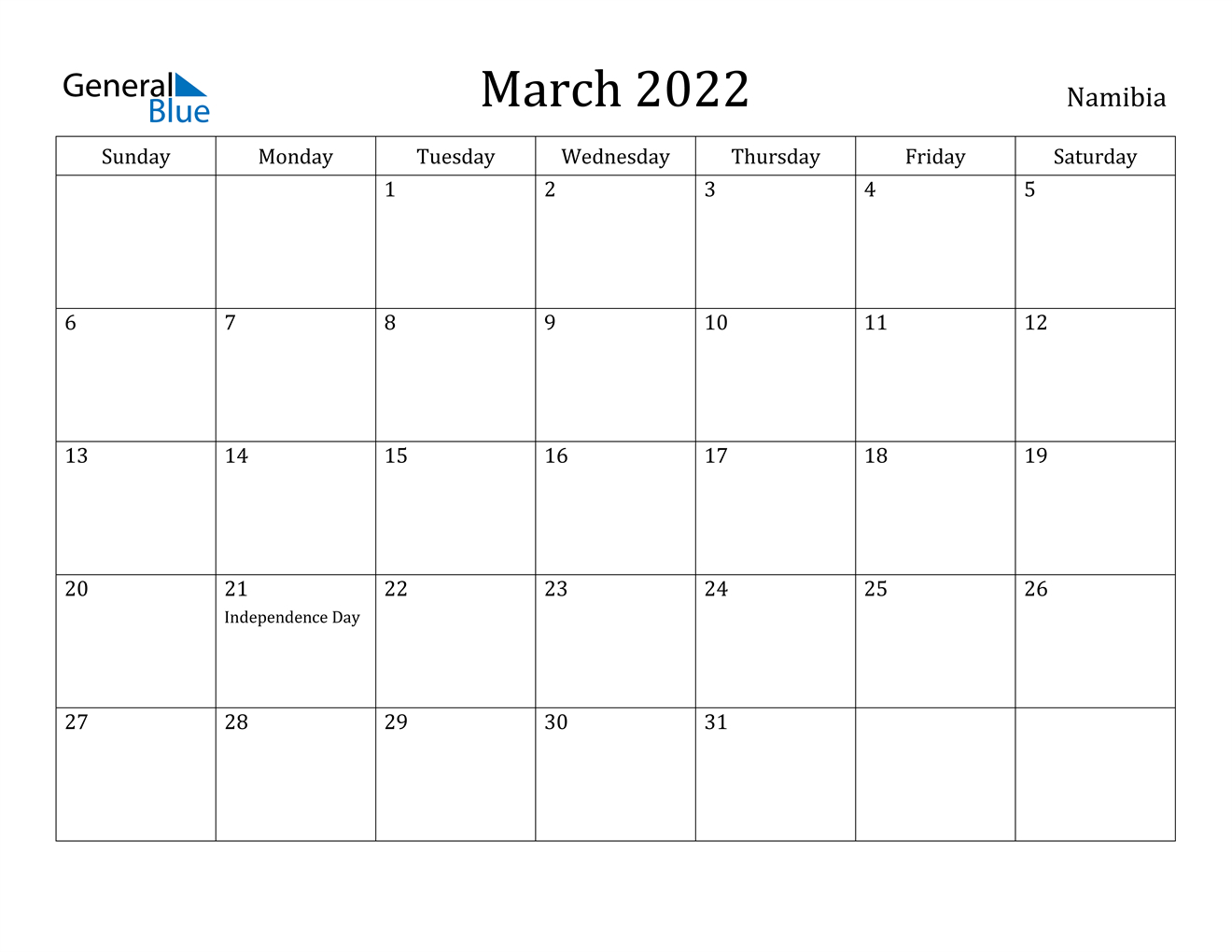 March 2022 Calendar - Namibia  March April 2022 Calendar