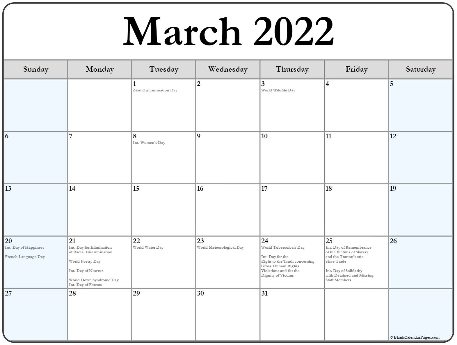 March 2022 Calendar With Holidays  Printable Calendar April 2022 To March 2022