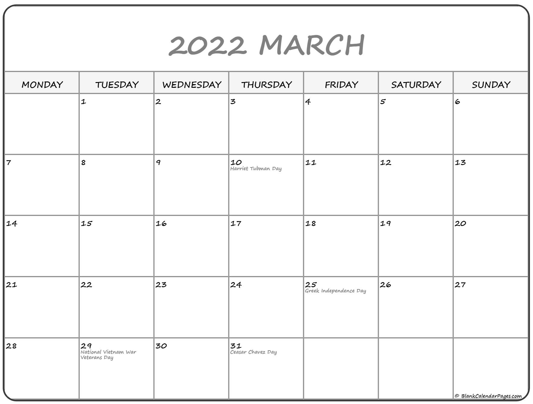 March 2022 Monday Calendar | Monday To Sunday  Free Printable Calendar 2022 Starting Monday