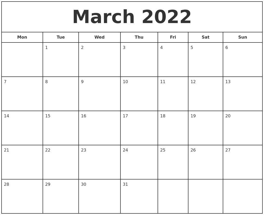 March 2022 Print Free Calendar  2022 Calendar Printable Start Monday