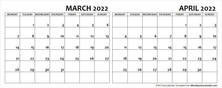 March April 2022 Calendar Monday Start | Editable Two  Calendar For March And April 2022