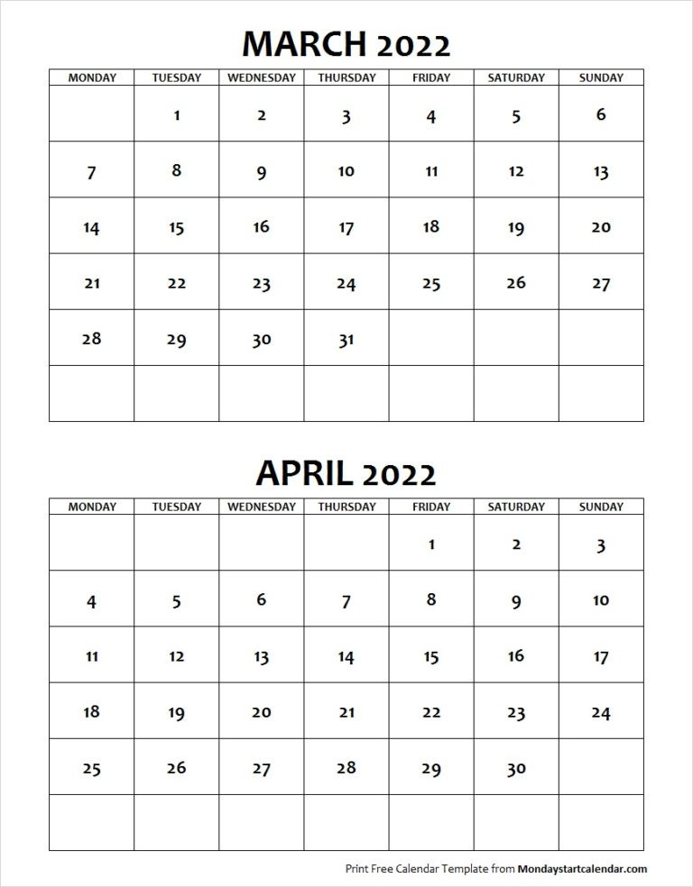 March April 2022 Calendar Monday Start | Editable Two  Scps 2022 To 2022 Calendar