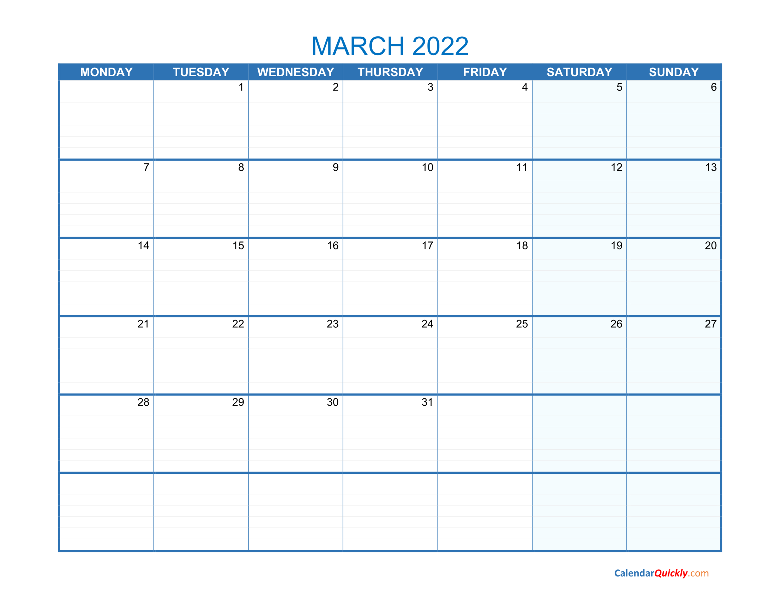March Monday 2022 Blank Calendar | Calendar Quickly  Free Printable Calendar 2022 Starting Monday