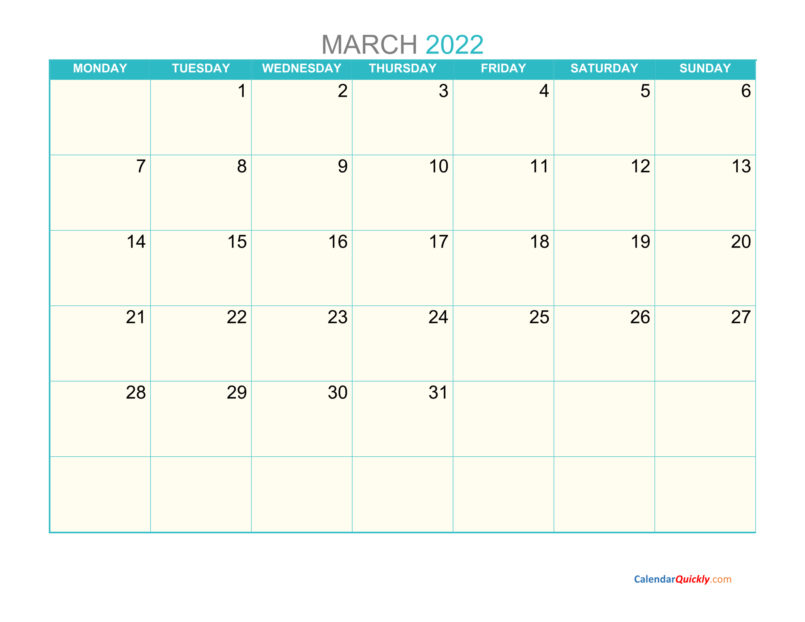 March Monday 2022 Calendar Printable | Calendar Quickly  2022 Calendar Printable Start Monday