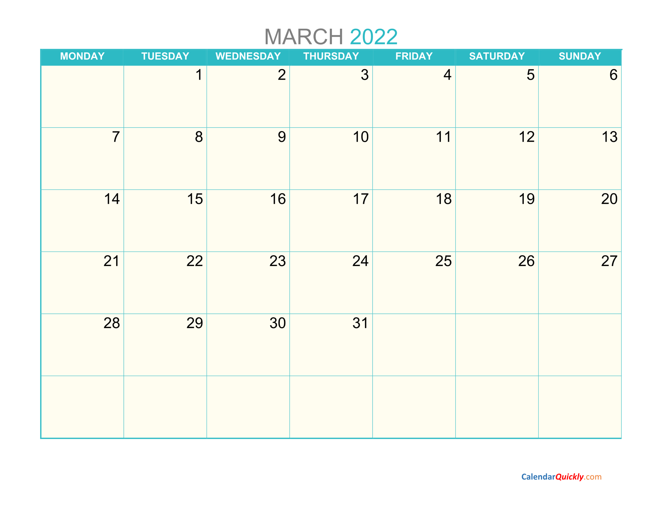 March Monday 2022 Calendar Printable | Calendar Quickly  Jan Feb March April 2022 Calendar