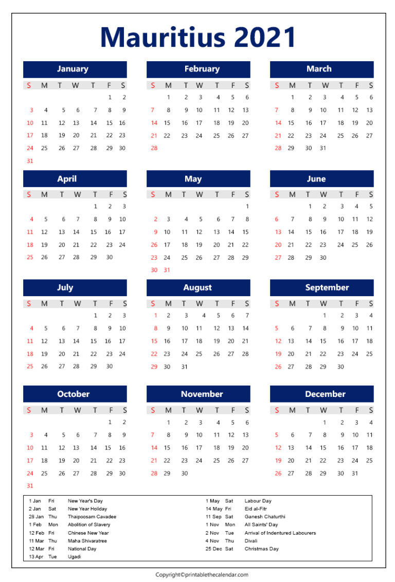 Mauritius Calendar 2021 | Printable The Calendar  Full Moon Calendar 2022 Mauritius