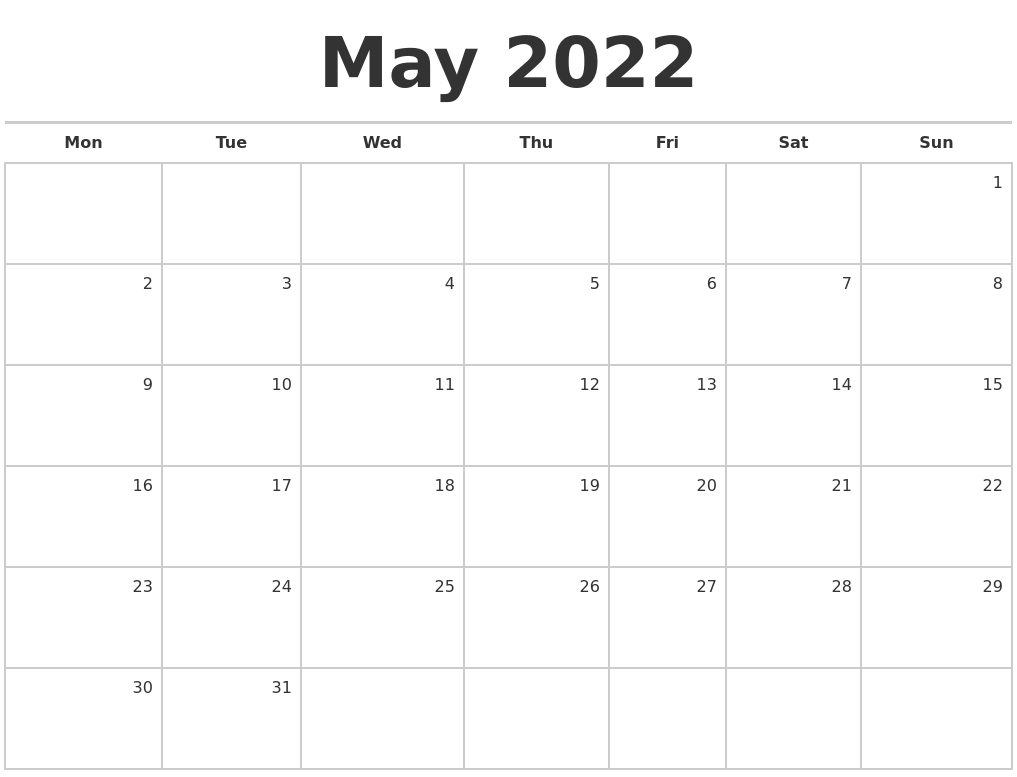 May 2022 Blank Monthly Calendar  December 2022 To May 2022 Calendar