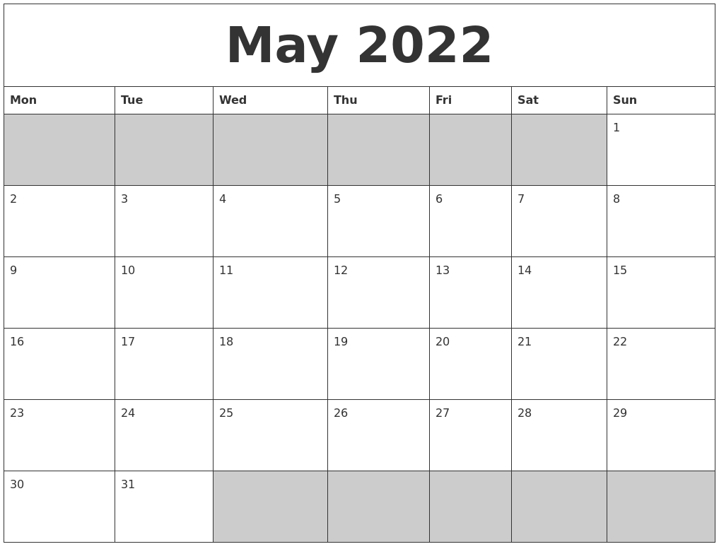 May 2022 Blank Printable Calendar  Free Printable Calendar 2022 Starting Monday