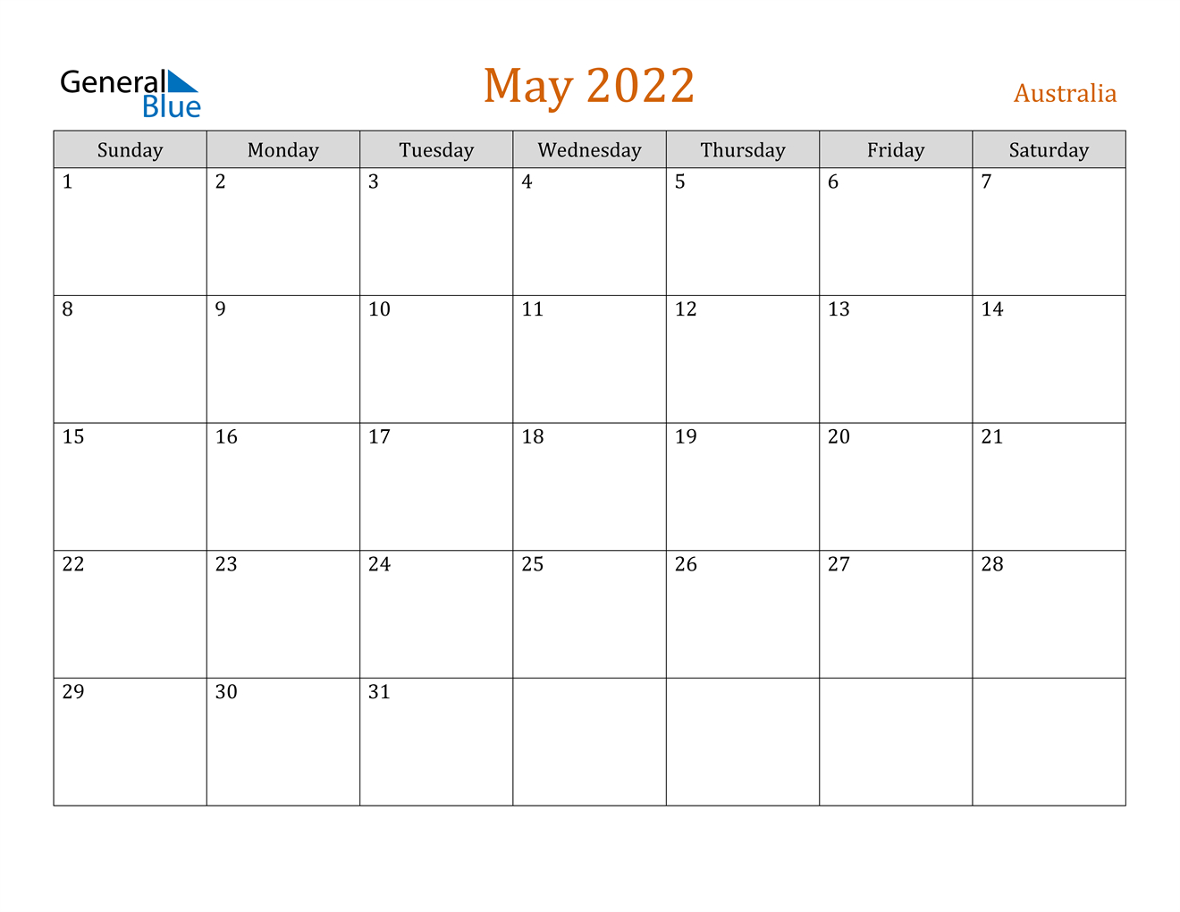 May 2022 Calendar - Australia  Free Printable Calendar 2022 May