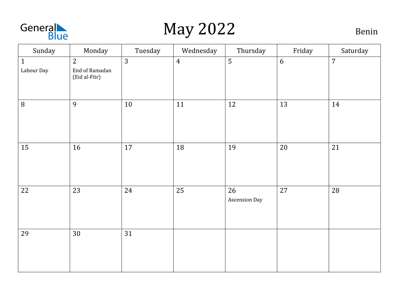 May 2022 Calendar - Benin  Printable Calendar 2022 Nz