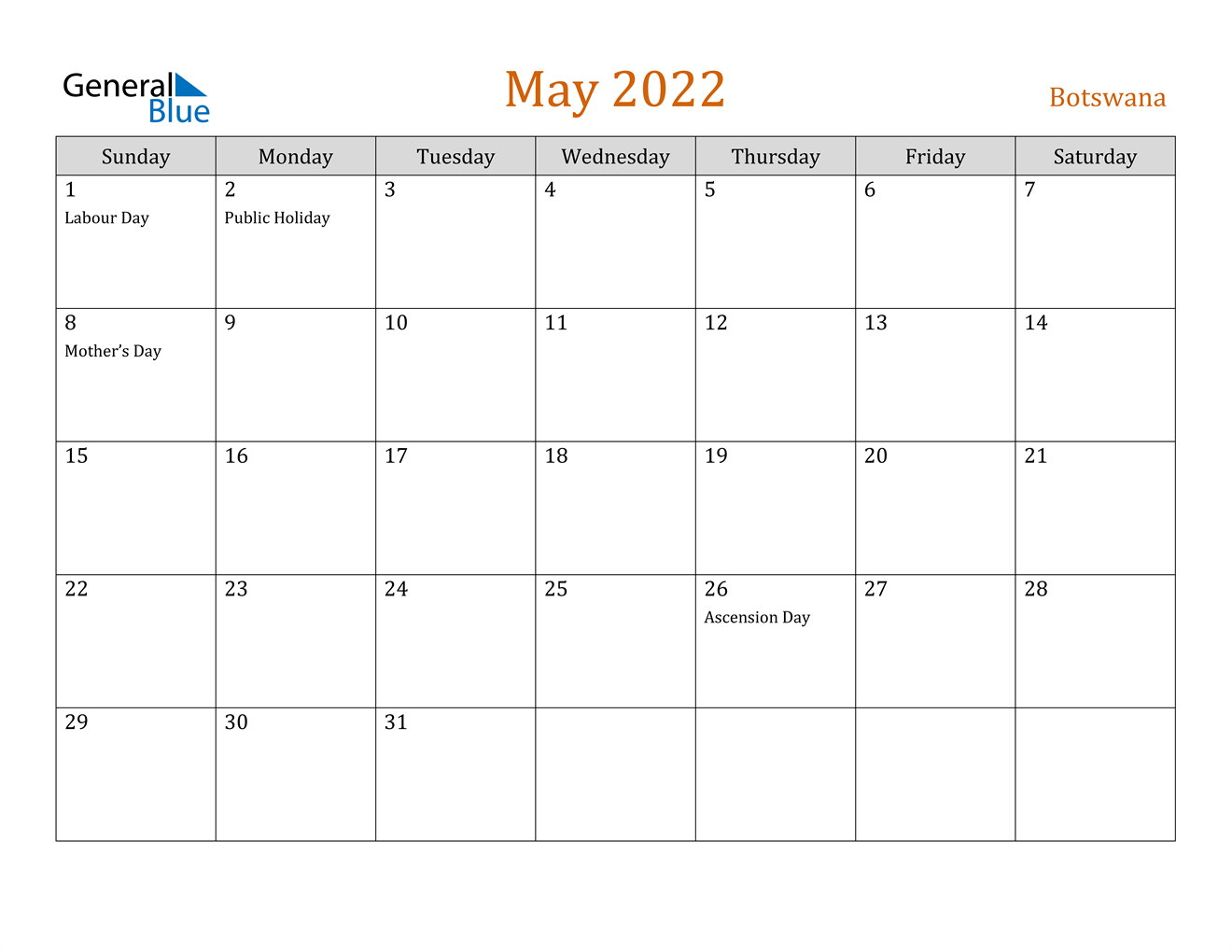 May 2022 Calendar - Botswana  May Free Printable Calendar 2022
