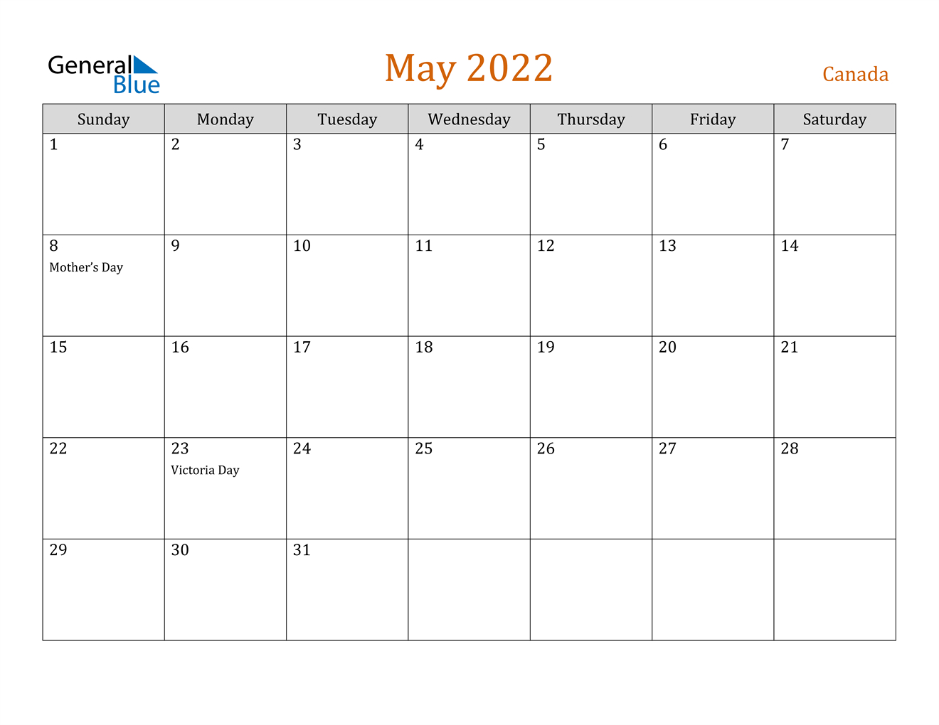 May 2022 Calendar - Canada  Calendar For May Of 2022