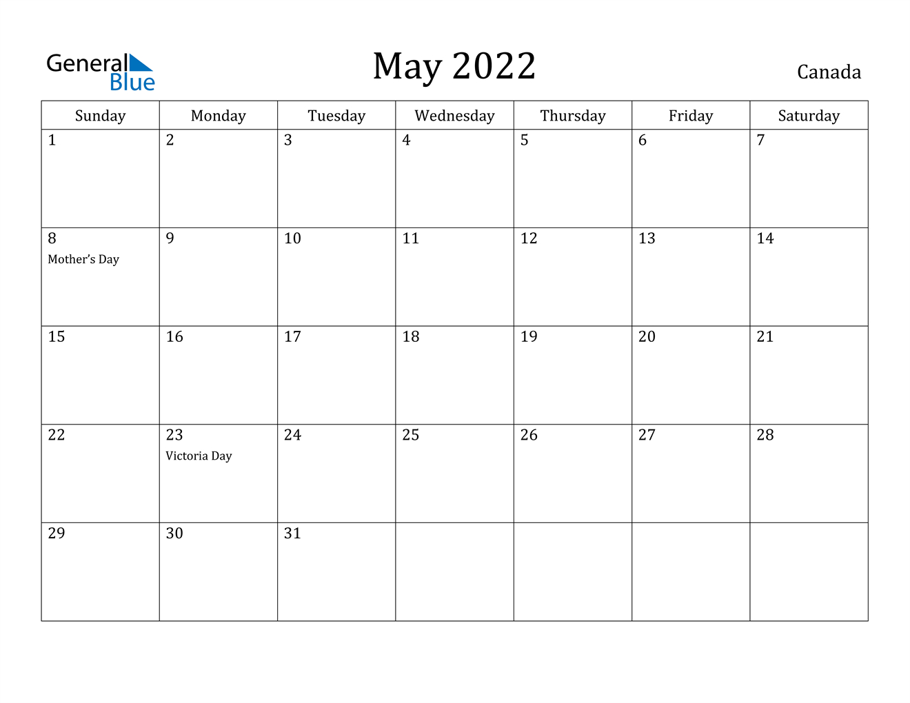 May 2022 Calendar - Canada  May 2022 Calendar Printable