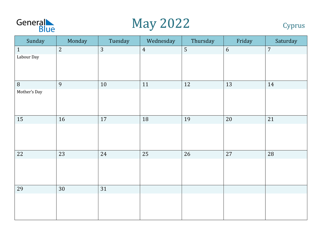May 2022 Calendar - Cyprus  2022 Calendar Printable May