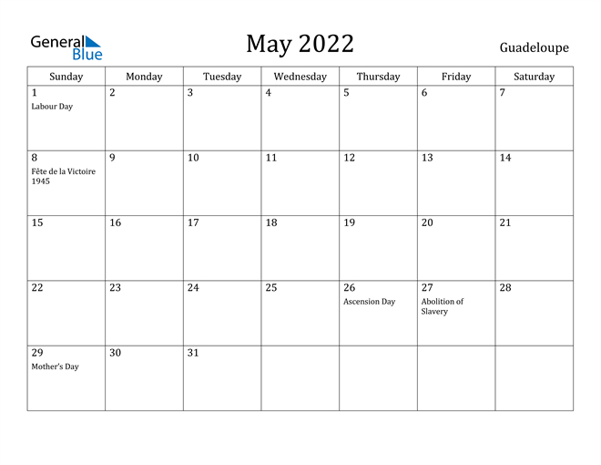May 2022 Calendar - Guadeloupe  2022 Calendar January Through June