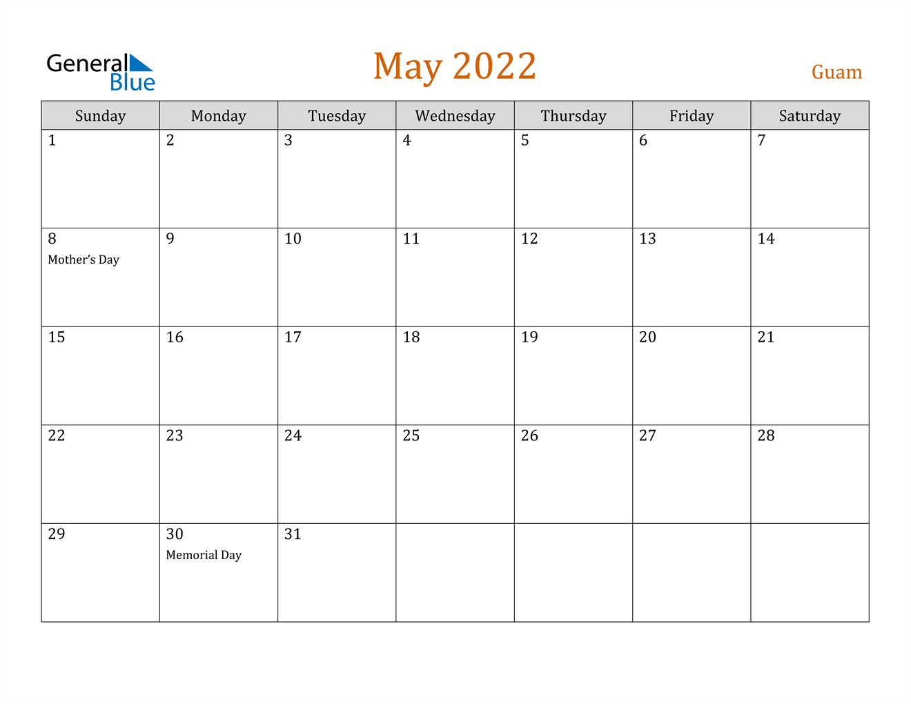 May 2022 Calendar - Guam  2022 Calendar Printable May