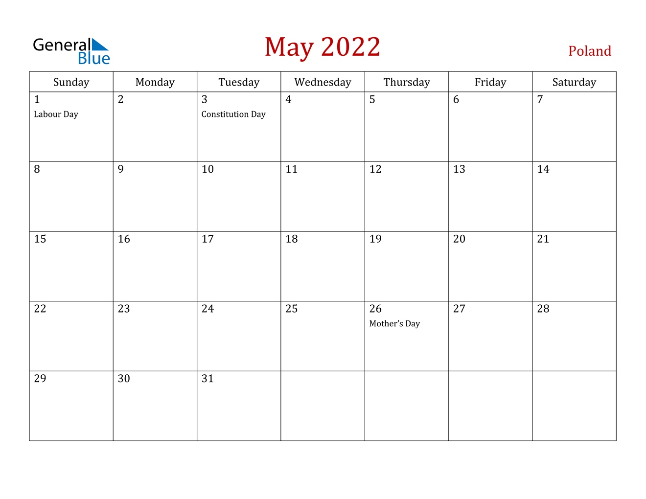 May 2022 Calendar - Poland  Calendar For 2022 May