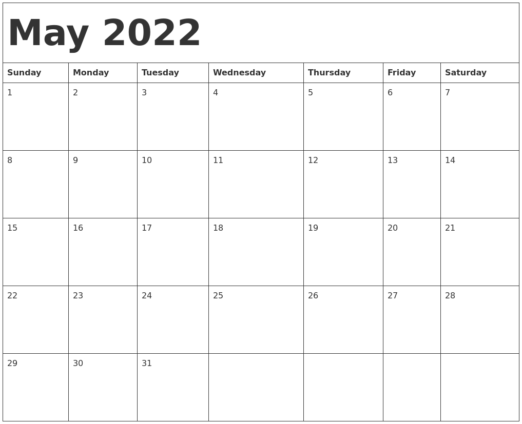 May 2022 Calendar Template  2022 Calendar Printable May