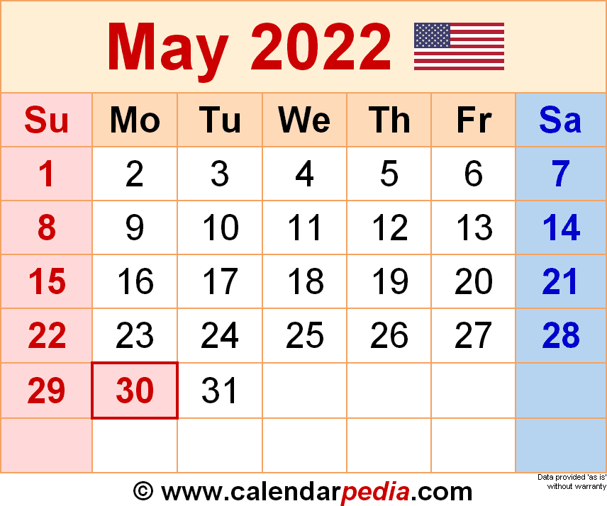 May 2022 Calendar | Templates For Word, Excel And Pdf  Free Printable Calendar 2022 May
