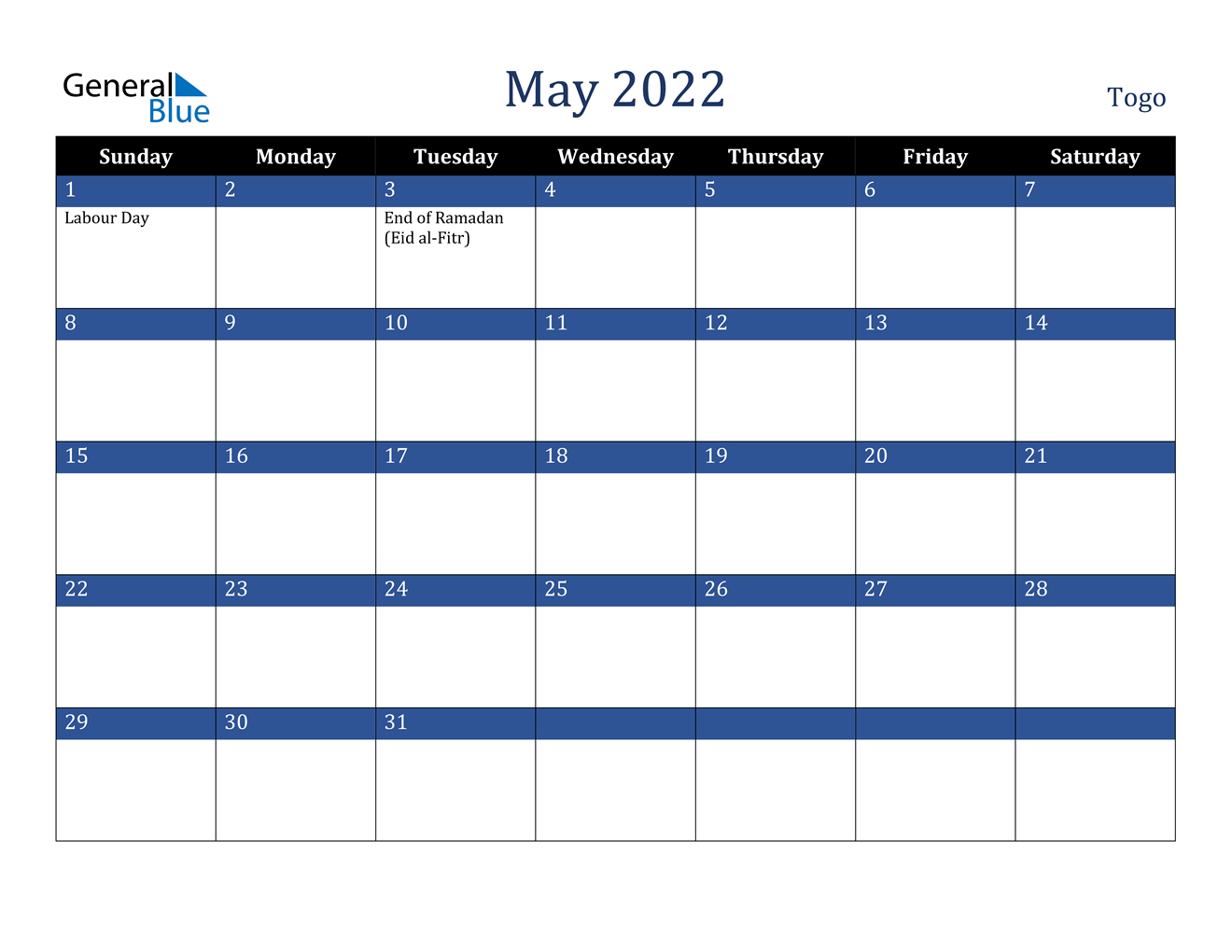 May 2022 Calendar - Togo  May Calendar For 2022