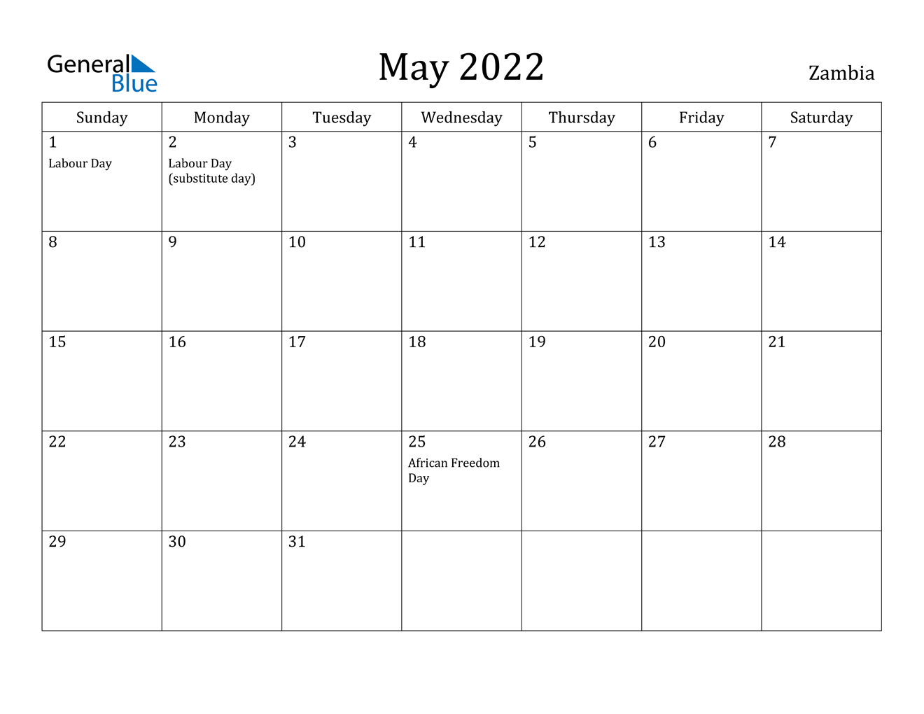 May 2022 Calendar - Zambia  Calendar 2022 Zambia Download