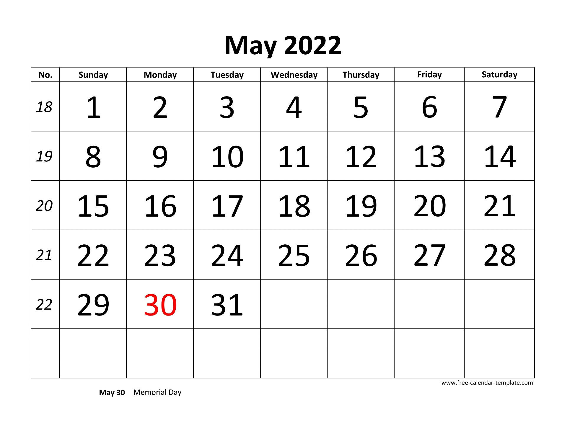 May 2022 Free Calendar Tempplate | Free-Calendar-Template  Free Calendar Template 2022 Large