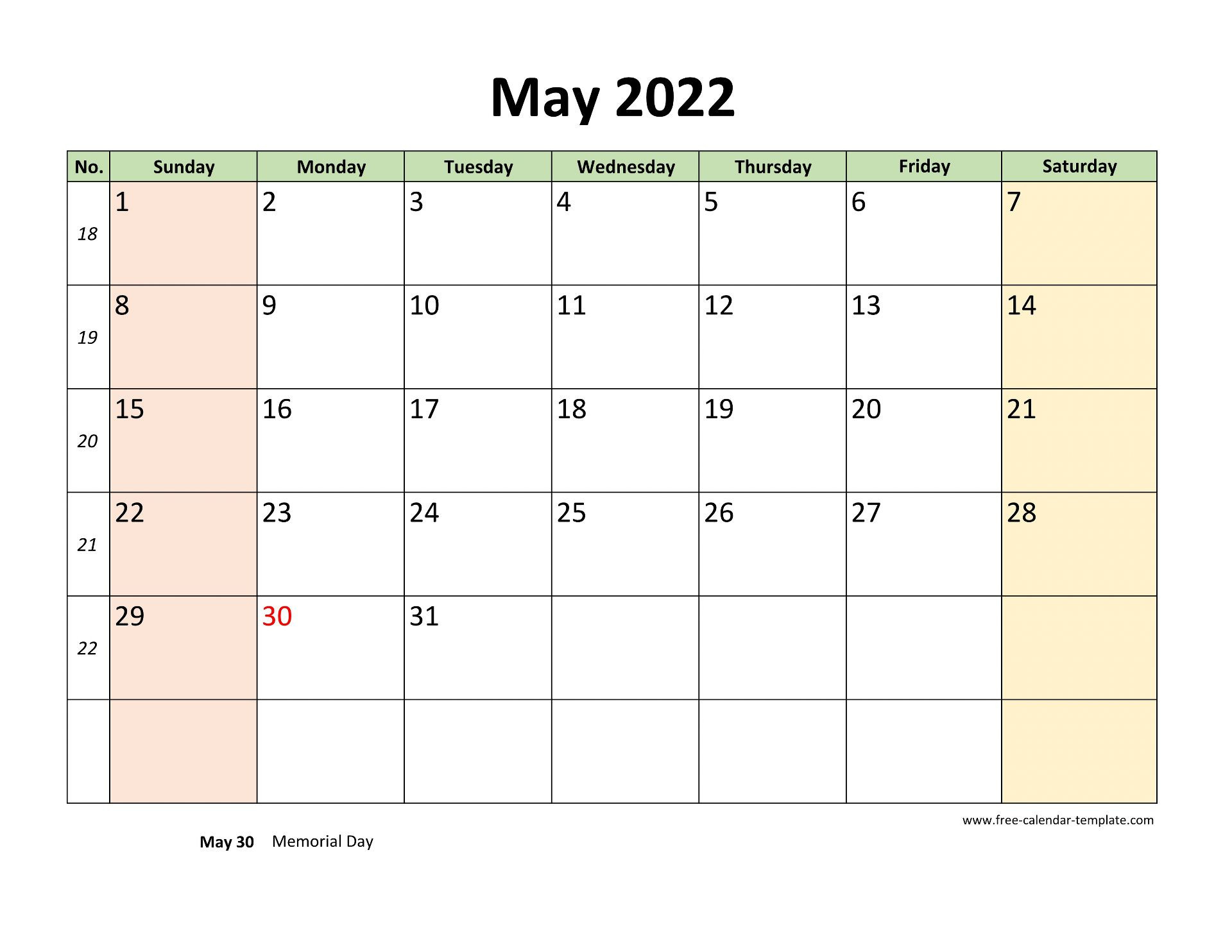 May 2022 Free Calendar Tempplate | Free-Calendar-Template  May 2022 Calendar Printable