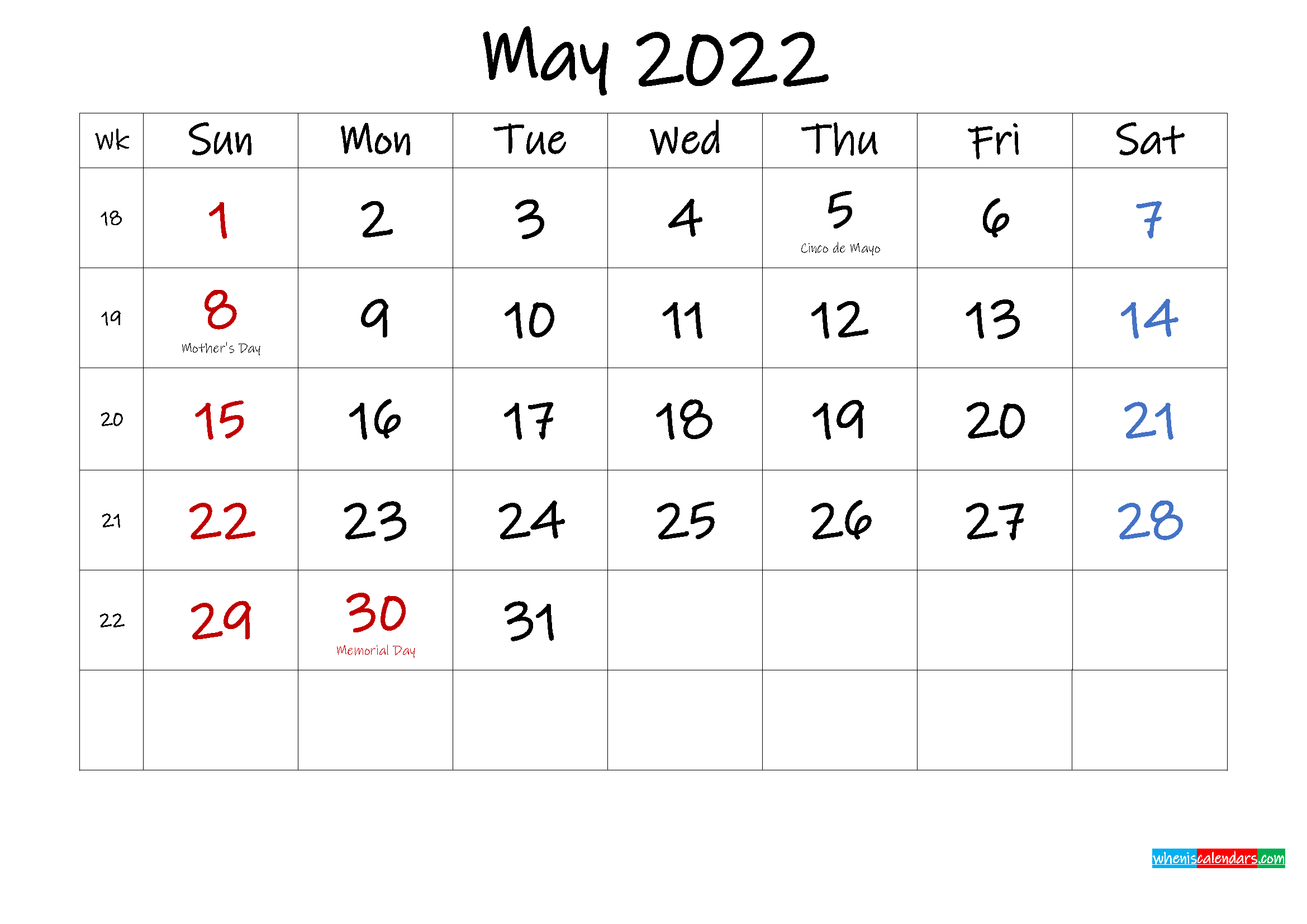 May 2022 Free Printable Calendar With Holidays - Template  2022 Calendar Printable May