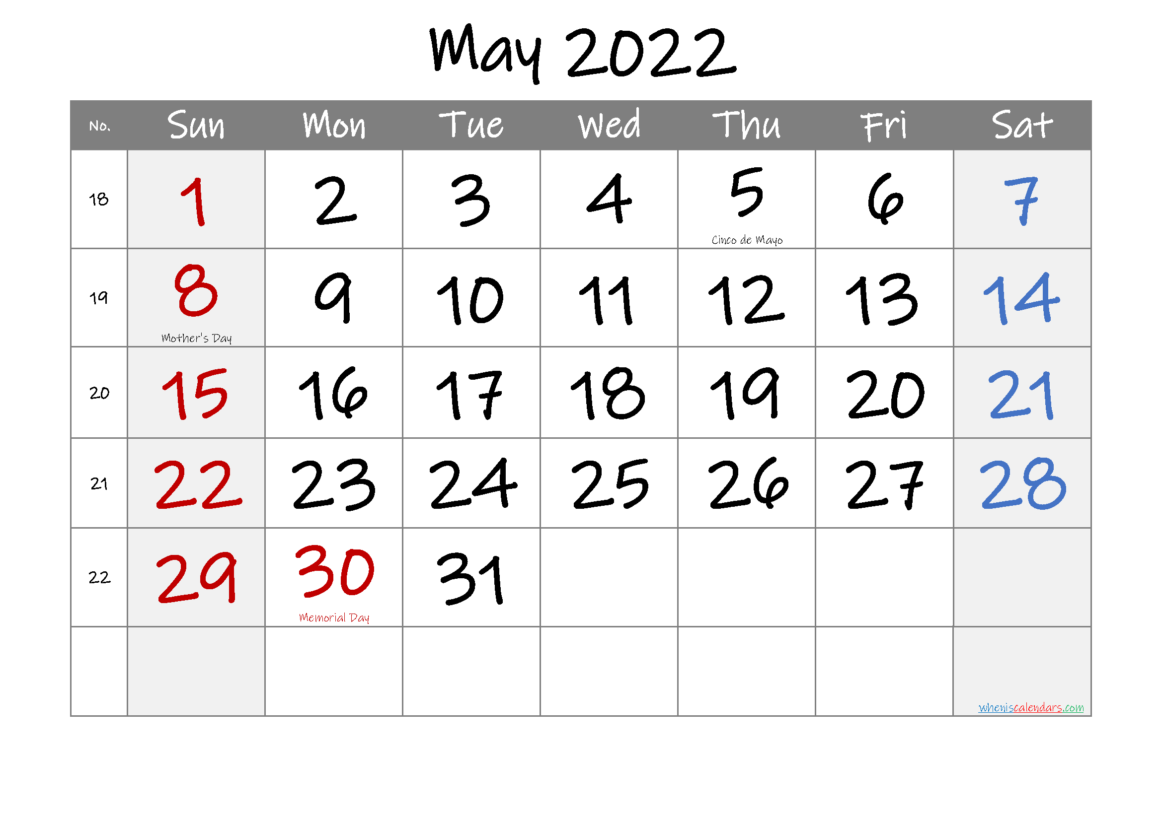 May 2022 Free Printable Calendar With Holidays-Template No  Calendar For 2022 May